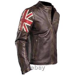 Veste en cuir vintage pour motard avec drapeau britannique en détresse de couleur marron Café Racer