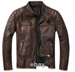 Veste en cuir vintage pour motard en cuir véritable brun vieilli ajustée pour homme.