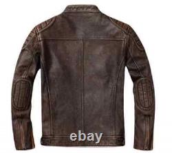 Veste en cuir vintage pour motard en cuir véritable brun vieilli ajustée pour homme.