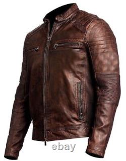 Veste en cuir vintage pour motard homme, couleur marron vieilli, style café racer, neuve
