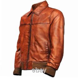 Veste en cuir vintage pour motard, style bombardier, marron vieilli, véritable cuir d'hiver