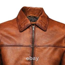 Veste en cuir vintage pour motard, style bombardier, marron vieilli, véritable cuir d'hiver