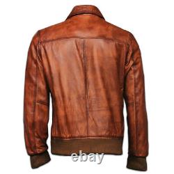 Veste en cuir vintage pour motard, style bombardier, marron vieilli, véritable cuir d'hiver