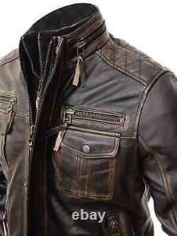 Veste en cuir vintage pour motards masculins de style café racer en cuir véritable brun vieilli