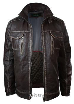 Veste rétro vintage en cuir véritable lavé marron et noir usé