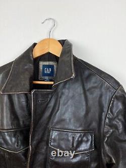 Veste zippée vintage pour homme en cuir de vache marron foncé usé Gap Y2K 2003 Taille M