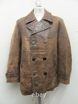 Vintage 40's Allemand Distressed Half Belt Leather Pea Coat Jacket Size M Patina