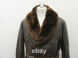 Vintage 40's Ww2 Français Distressed Leather Barnstor Jacket Size L Fur Collar