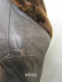 Vintage 40's Ww2 Français Distressed Leather Barnstor Jacket Size L Fur Collar