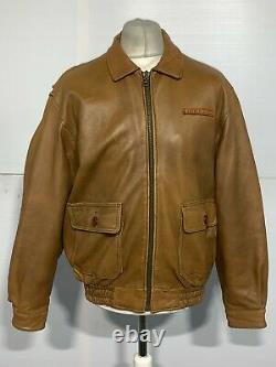 Vintage 80's Avirex Aces Distressed Leather Harrington Bomber Jacket Size XL