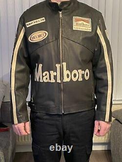 Vintage 80's Marlboro Distressed Leather Motorcycle Racing Jacket Taille S