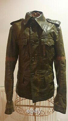 Vintage Distressed Dsquared2 Mens Brown Leather Jacket Moto/ Militaire