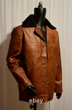 Vintage Mens Brown Distressed Cow Hide Real Leather Fur Collar Coat Jacket