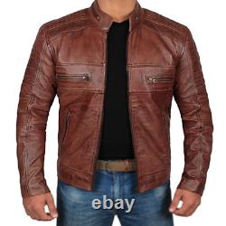 Wax Biker Brown Cafe Racer Veste De Moto En Cuir Véritable Élégant Pour Hommes